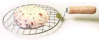 Barbeque Stainless Steel Wire Roaster Ideal for Roti Roast, Papad Roaster Chapati Toast, Paneer tandoor net Grill Wooden Handle (Round - 21 cm Diameter)