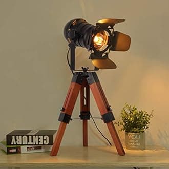 Decoluce Industrial Tripod Table Lamp, Vintage Style with Wooden Stand, Black Antique Style for Home Decor, Searching Floor Lamp, Mini Tripod, Without
