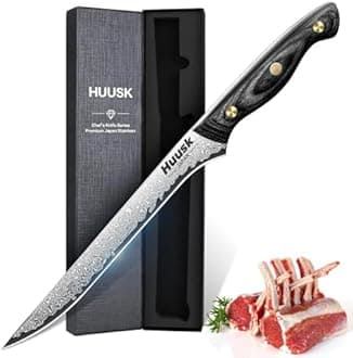 Huusk Damascus Boning Knife 8 inch, VG10 Brisket Trimming Knives for Meat Cutting, Flexible Fillet Knife, Butcher Knives, Kitchen Slicing Knives with Full Tang Handle, Christmas Gift for Men and Women
