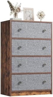 Nicehill Chest of Drawers with 4 Drawers, Wooden Frame & Retro Handles, Fabric Chest of Drawers for Bedroom, Living Room, Hallway, Entryway, Grey/Rustic Brown
