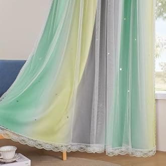 XiDi Yellow & Rainbow Curtains for Kids & Girls Room - Blackout, Grey & Green 52x63 Inch Long 1 Panel with Unicorn Wall Decals