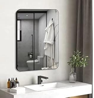 Vlsrka 31x24 Inch Bathroom Mirror, Black Metal Frame Wall Mirror with Rounded Corner in Aluminum, Rectangle Glass Panel Wall Mounted Mirror for Living Room, Hallway, Hangs Horizontally or Vertically