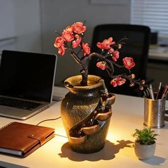 16" Flower Ornament Vase Decorative Bonsai Mini Tabletop Waterfall Fountain Indoor with Water Flow & Artificial Bouquet, Desktop Water Fountains Restaurant Coffee Home Decor or Festival Birthday Gift