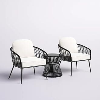 Outdoor Boho Rattan Rope Club Chairs with Seat Cushions | 3 Piece Outdoor Patio Furniture Wicker Bistro Set | Chairs & Coffee Table Sets for Backyard Garden - Dark Black