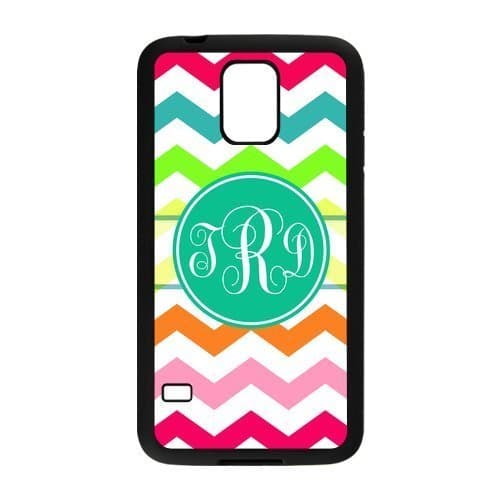 Monogrammed Rainbow Chevron Pattern Vs Mint Circle For Samsung Galaxy S5 Best Rubber+Plastic Black Cover Case
