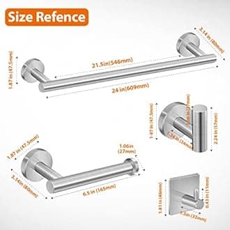 Tudoccy 5-Pieces Bathroom Hardware Set Brushed Nickel SUS304 Stainless Steel Round Wall Mounted - Includes 24" Hand Towel Bar, Toilet Paper Holder, 3 Robe Towel Hooks, Bathroom Accessories Kit