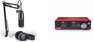 Audio-Technica AT2020PK Vocal Microphone Pack - XLR Mic, Boom Arm, Headphones & Focusrite Scarlett 2i2 USB Audio Interface for Recording, Streaming, Podcasting