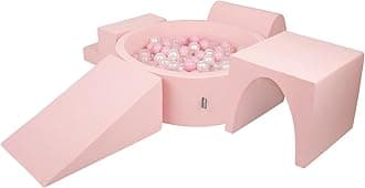 KiddyMoon Foam Playground For Kids With Round Ballpit (300 Balls ∅ 7Cm/2.75In) Soft Obstacles Course And Ball Pool, Made In EU, Pink:Powder Pink/Pearl/Transparent