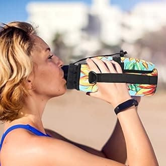 Water Bottle Sling Bag Sleeve Holder Carrier 25/32/40/64 oz,Insulated Crossbody Water Bottle Case Cover with Strap and Pockets for Men/Women Walking Hiking Camping (25oz, Sunflower Green background)