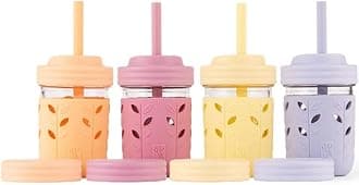 – Kids & Toddler Cups | The Original Glass Mason Jars 8 oz with Silicone Sleeves & Silicone Straws with Stoppers | Smoothie Cups | Spill Proof Sippy Cups for Toddlers | 4 Pack