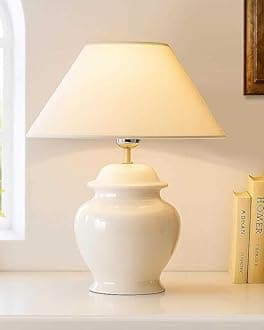 Ceramic Pot Shaped Base White Table Lamp with White Cone Shade, LED Bulb