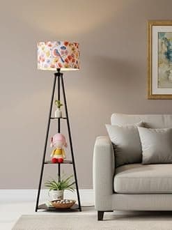 Crosscut Furniture Metal Printed LED Floor Lamp with 3 Shelves (Retro Robin), White