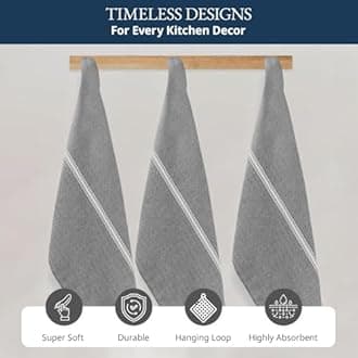 LANE LINEN Kitchen Towel Set - 6 Pack, 100% Cotton, Grey, Striped Farmhouse, Absorbent, 15” x 25”