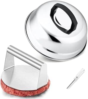 9In Melting Dome & 5.5In Burger Press, HaSteeL Stainless Steel Small Basting Cover with Round Bacon Press, Metal Griddle Accessories Set for Flat Top Teppanyaki Hibachi Grilling Cooking Steaming BBQ