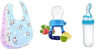 Baby Feeding Combo | Waterproof Apron Bibs (3 Pcs) + Fruit Nibbler (1 Pc) + 90ml Silicone Squeeze Bottle (1 Pc), Soft, Washable & Reusable Feeding Essentials for Infants & Toddlers