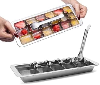 GHAHILI Stainless Steel Ice Cube Trays, Metal Ice Cube Trays for Freezer Vintage Inspired Design with Release Lever Remove Handle for Making Large Cubes Kitchen & Bar (One Silver)