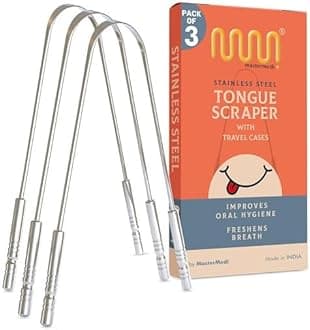 MasterMedi Tongue Scraper for Adults, 100% Stainless Steel Tongue Scrubber for Bad Breath, Easy to Use, Tongue Cleaner for Oral Care & Hygiene (SS Pack of 3)
