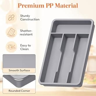 Lifewit Cutlery Drawer Organiser, Plastic Cutlery Tray for Kitchen, Utensil Flatware Silverware Holder Divider for Spoons Forks Knives Tableware, 4 Compartments, 20 x 32cm, Grey