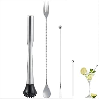 HOMESTIA Cocktail Bar Tool Set, Stainless Steel Muddler with Textured Head, Mixing Spoon with Fork Tip, Swizzle Stick & Cocktail Picks, Includes Elegant Gift Box for Home Bartenders