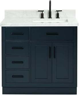 ARIEL Vanity 37" Midnight Blue with 1.5" Edge Italian Carrara Marble Countertop & Splash, Right Rectangular Sink, 2 Soft Closing Doors, 5 Full Extension Dovetail Drawers, Toe Kick, Matte Black