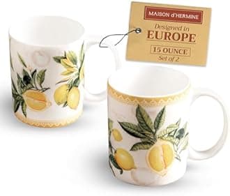 Maison d' Hermine Coffee Mug with Handles Fine Bone China Mugs Pack of Two Tea Cups for Hot Beverages Cappuccino Latte Home Restaurant Office Perfect for Gift (Limoncello, 15 Ounce)