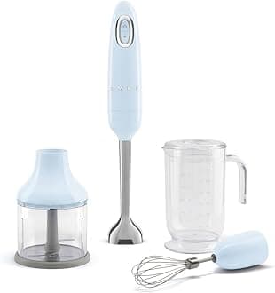 Handheld Immersion Blender with Beaker, Chopping Bowl w/Lid, Wire Whisk, 5 Speed Controls, made with Stainless Steel Blades and Ergonomic Design (Pastel Blue)