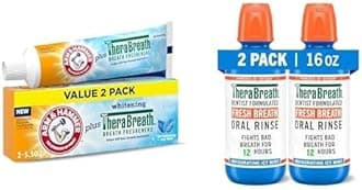 Bundle of ARM & HAMMER Toothpaste Plus TheraBreath Toothpaste for Bad Breath, 5.5 Oz (Pack of 2) + TheraBreath Fresh Breath Mouthwash, ICY Mint Flavor, Alcohol-Free, 16 Fl Oz (Pack of 2)