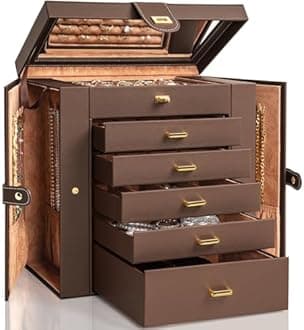 AKOZLIN Large 6-Tier Jewelry Box Organizer Functional Huge Lockable,5 Drawers Leather Jewelry Storage Case for Women Girls Ring Necklace Earring Bracelet Holder Organizer with Mirror Brown