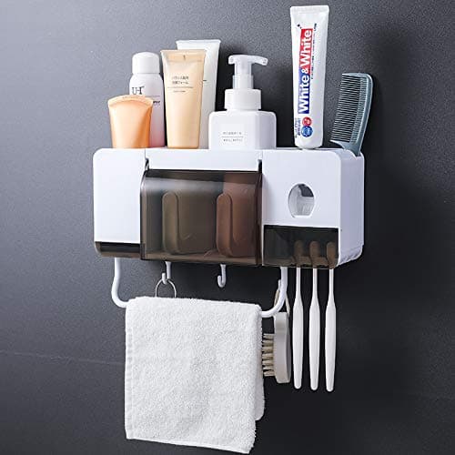 BHeadCat Automatic Toothpaste Dispenser Squeezer Wall Mount and Toothbrush Holder, Multi-Functional Space Saving Toothbrush Organizer with 2 Cups, 3 Brush Slots and Towel Bar No Drill Need