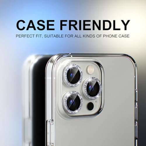 Choiche Compatible for iPhone 13 Pro/iPhone 13 Pro Max Camera Lens Protector Bling, 9H Tempered Glass Camera Cover Screen Protector Metal Ring Decoration Accessories (Glitter-Silver)