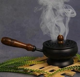 Heaven Decor Metal Incense Loban Burner with Wooden Handle, Black Sambrani Dhoop Burner for Home Temple Office