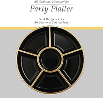PLASTICPRO 6 Sectional Round Plastic Serving Tray/Platters Black & Gold Pack of 2