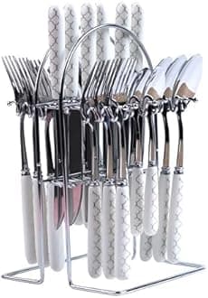 Stainless Steel Spoons, Forks & Knives Set of 24 with Stand and Ceramic Handle (Block Print)