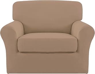 Easy-Going 2 Pieces Microfiber Stretch Chair Slipcover – Spandex Soft Fitted Sofa Couch Cover Washable Furniture Protector with Elastic Bottom Kids Pet Camel