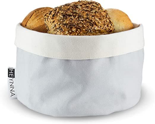 HEYNNA® Bread Basket, Fabric Bread Bin – Roll Storage Basket for Bread, Rolls and Pastries - 100% Cotton Round 20 cm Ø (Gray/Cream)