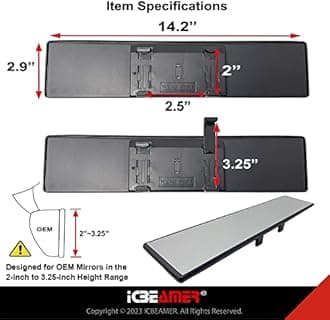 14.2" ICBEAMER Clip On Rear View Mirror | Flat Clear Tint, Panoramic Wide Angle HD Glass, Anti Glare, Universal Fit for Car, SUV, Truck | Eliminates Blind Spots (1 Pack)