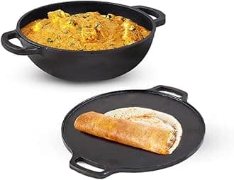 The Indus Valley Pre-Seasoned Cast Iron Cookware Set | Tawa (30 Cm) + Kadai (25.4 Cm/2.3L) | Kitchen Cooking Combo Pots And Pans Set Of 2Pcs | Naturally Nonstick black