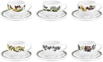 Portmeirion Botanic Garden 3.5oz Espresso Cup & Saucer Set – 6 Porcelain Cups with Nature-Inspired Floral Designs for Coffee & Tea, Small Drinkware for Espresso Bars, Cafes & Table Settings