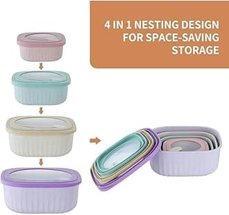 EVVIX Set of 4 Plastic Food Storage Container With Lids Airtight Cook& Store Mixing Bowl Set BPA-Free Plastic Bowl With Lids For Freezer Microwave Dishwasher Safe,Multicolor