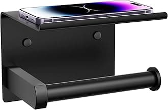 Tindbea Toilet Paper Holder with Phone Shelf, Adhesive or Screw Wall Mount Toilet Tissue Roll Holder, Rustproof & Multifunctional Stainless Steel Bathroom Storage Dispenser (Matte Black)