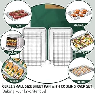 CEKEE 4 PCs Small Baking Sheet With Wire Rack Set [2 Pans + 2 Cooling Racks], 10 Inch Stainless Steel Tray - Rust & Warp Resistant, Easy Clean