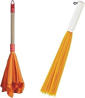 VIMAL Combo Set of TinTin 20 Inch Plastic Broom for Bathroom Wet Floor Cleaning + Duster Dust Mop (Hi-density Dusting Cloth with Handle) Orange Colour Flannel Cloth Stick for Home/Shop/Office Cleaning