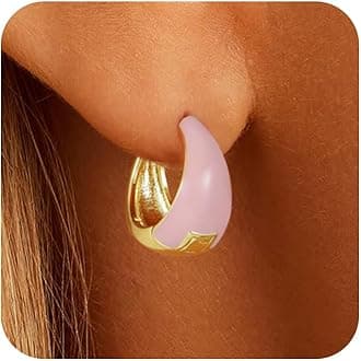 14K Gold Hoops Earrings Small Pink Oval Dainty Chunky Hypoallergenic Jewelry, Cute Trendy Hoop Lightweight Accessories for Women Valentines Mother's Day Birthday Thanksgiving Day Gifts