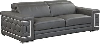 Blackjack Furniture Usry Top Grain Italian Leather Couch with Multi-Position Adjustable Headrests, Elegant Contemporary Design with Chrome Trim and Durable Wood Frame, Sofa, 89", Dark Gray