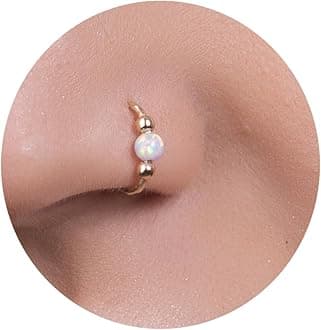 Jolliz 14K Gold Filled Nose Ring White Opal - Hoop 20G 8mm Gold Nose Rings - Nose Piercing Jewelry - Gold Jewelry Nose Hoop - Small Nose Rings - Dainty Women Nose Ring - Fashion Gold Ring