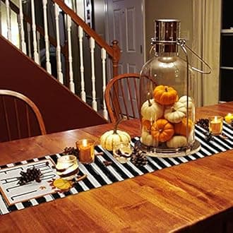 Hello Fall Table Runner - Cotton Linen 120 Inches, Fall Seasonal Harvest Vintage Black Stripes Bed Runner Dress Scarves, Rustic Tablerunner for Dining/Holiday/Coffee Table 13"x 120"