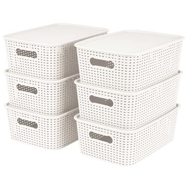 Ollic Plastic Storage Bins Basket with Lid - Durable Stackable Pantry Organizer Container Toy Box (Medium, White, 6PK)
