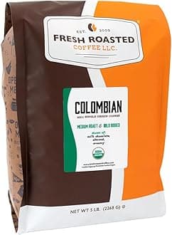 Fair Trade Organic Colombian, 5 lb (80 oz), Medium Roast, Kosher, Whole Bean