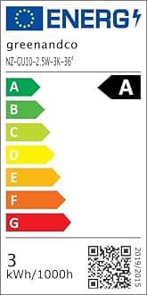 greenandco 5 x GU10 | replaces 44 W | warm white 3000 K | 2.5 W 450 lm | 36° | flicker-free | energy efficiency class A | 230 V LED spot | not dimmable