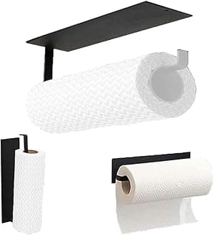 AMERTEER Longer Version Paper Towel Holder Wall Mounted - Paper Towel Holder Under Cabinet, Toilet Roll Holder Self Adhesive, Towel Tissue Paper Hanger For Bathroom, Kitchen (No Drilling, Black)